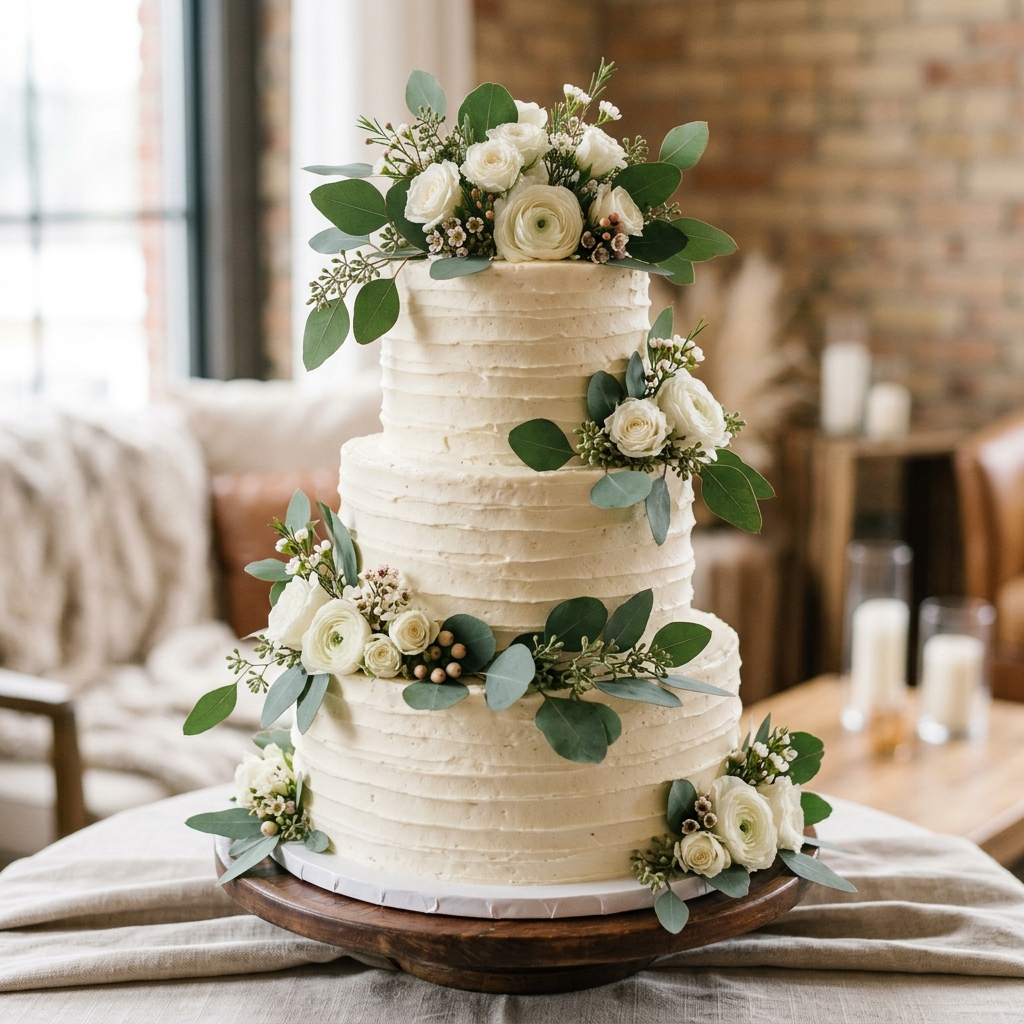 Rustic buttercream wedding cake with eucalyptus