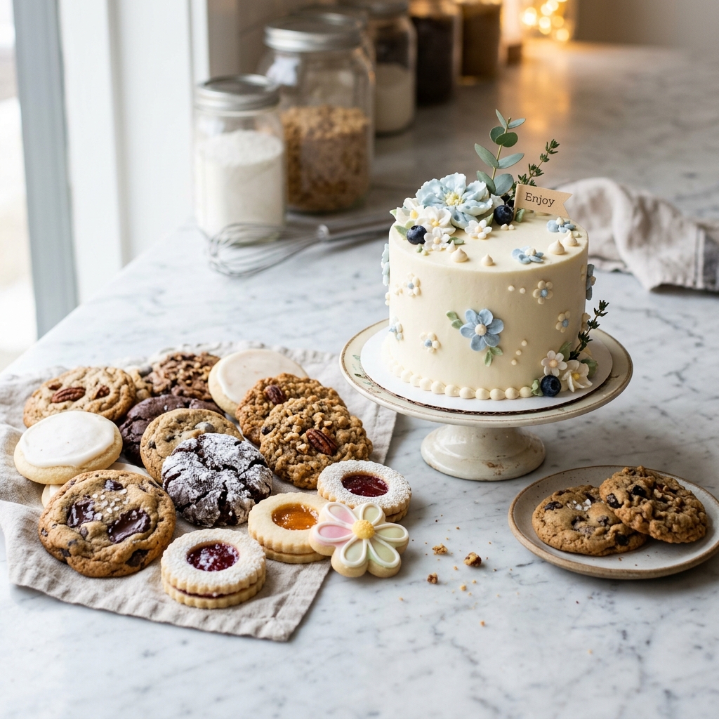 Assortment of specialty gourmet cookies and decorated cake