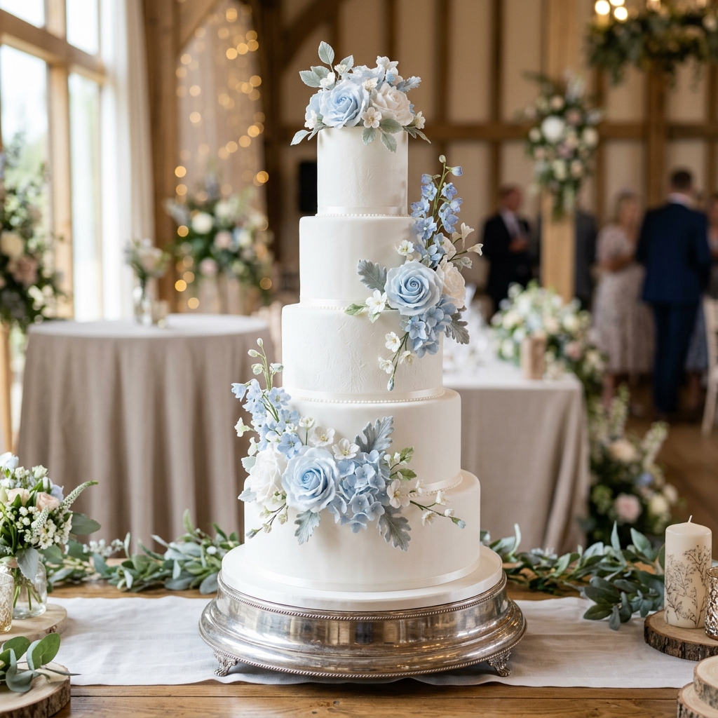 Multi-tiered white wedding cake with light blue floral accents